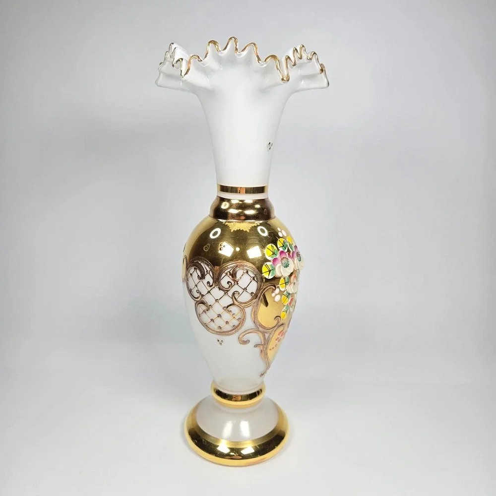 Vintage Bohemian Czech Gold Gilt Raised Enamel Hand-painted Vase Urn Ruffled 10